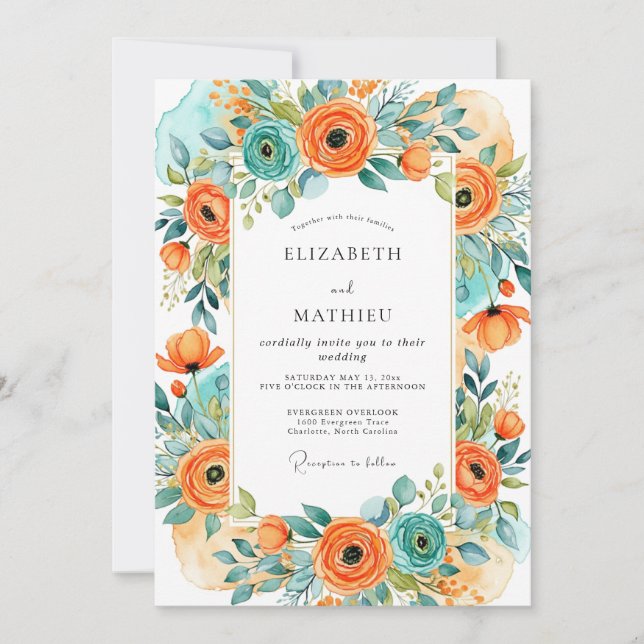 Invitación Boda de verano atrayente turquesa naranja (Anverso)