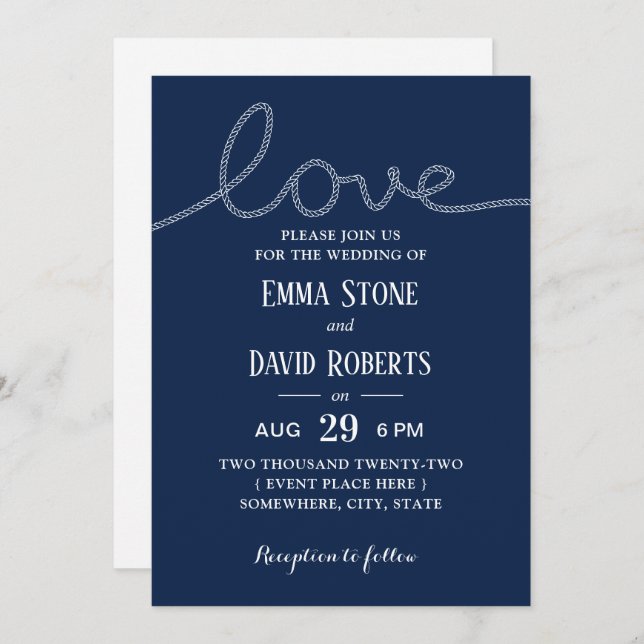 Invitación Boda de verano azul Nautical Rope Love Navy (Anverso / Reverso)
