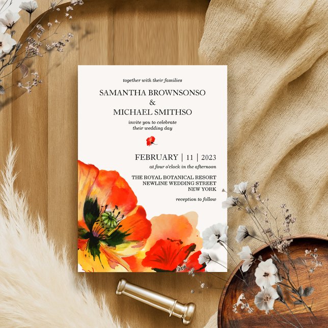 Invitación Boda de verano botánico de la flor de amapola roja (Subido por el creador)