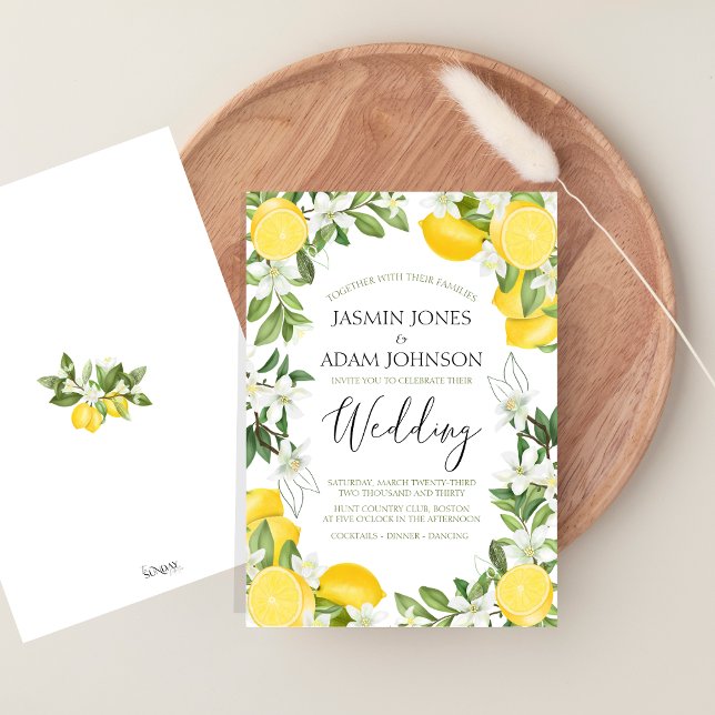 Invitación Boda de verano clásico de vegetación de limón (Citrus Lemons and Greenery Summer Fruits Wedding Invitation)