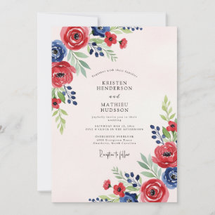Invitación Boda de verano con acuarela azul naval roja