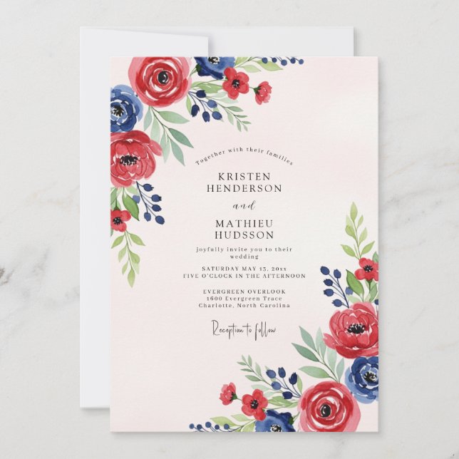 Invitación Boda de verano con acuarela azul naval roja (Anverso)