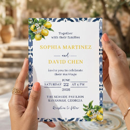 Invitación Boda de verano con acuarela de limón azul mediterr