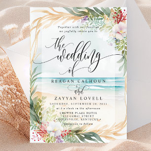 Invitación Boda de verano con caligrafía floral de playa en a