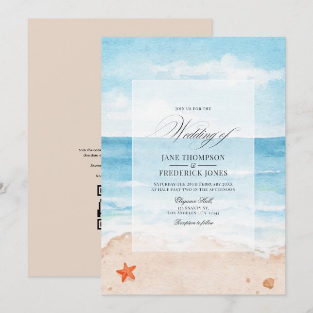 Invitación Boda de verano con código QR para RSVP en la playa (Anverso / Reverso)