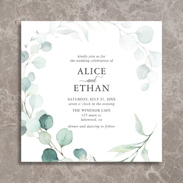 Invitación Boda de verano con letra rústica de eucalipto (Subido por el creador)