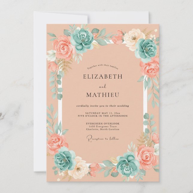 Invitación Boda de verano con melocotón y turquesa aireado (Anverso)