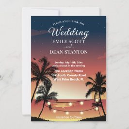Invitación Boda de verano con palmeras al atardecer