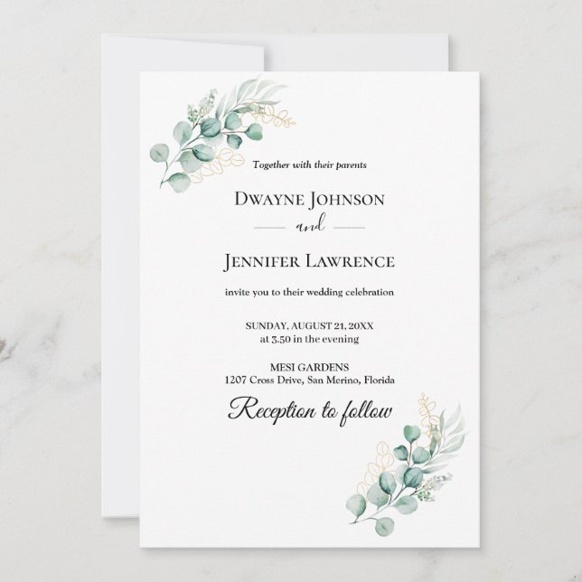 Invitación Boda de verano con vegetación de eucalipto boho (Anverso)