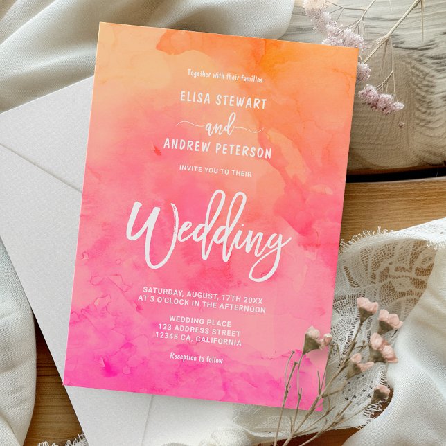 Invitación Boda de verano de acuarela naranja rosa moderno (Modern pink orange watercolor summer wedding invitation)
