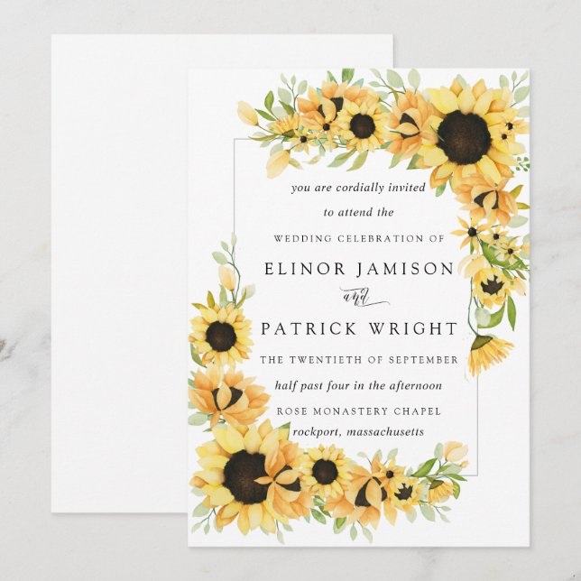 Invitación Boda de verano de Boho amarillo girasol ruso (Anverso / Reverso)
