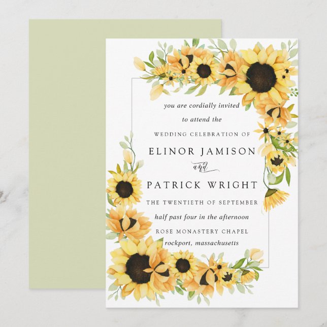 Invitación Boda de verano de Boho amarillo girasol ruso (Anverso / Reverso)