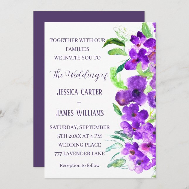 Invitación Boda de verano de Boho violeta púrpura (Anverso / Reverso)