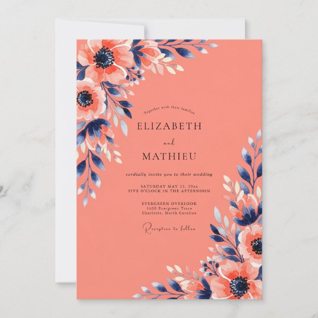 Invitación Boda de verano de coral impresionante (Anverso)