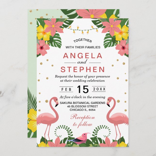 Invitación Boda de verano de flamenco floral tropical (Anverso / Reverso)