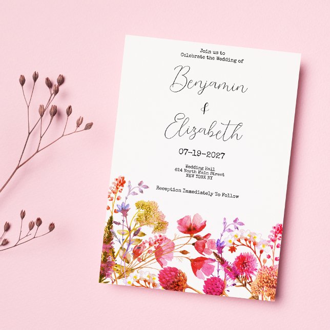 Invitación Boda de verano de flores silvestres amarillas nara (Orange pink yellow wildflower summer Wedding)