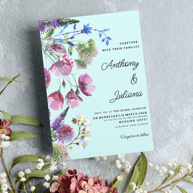 Invitación Boda de verano de flores silvestres Verde azuladas (Pink Purple Teal Wildflower Summer Wedding)