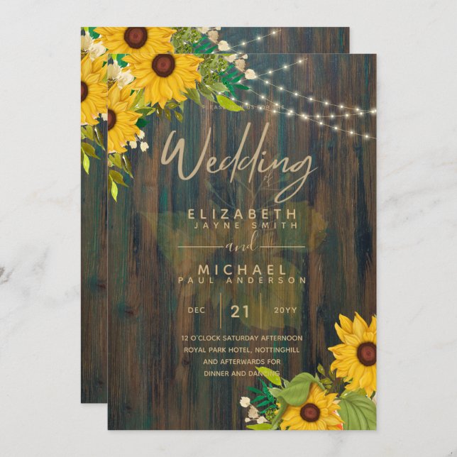 Invitación Boda de verano de girasoles de madera rústica (Anverso / Reverso)