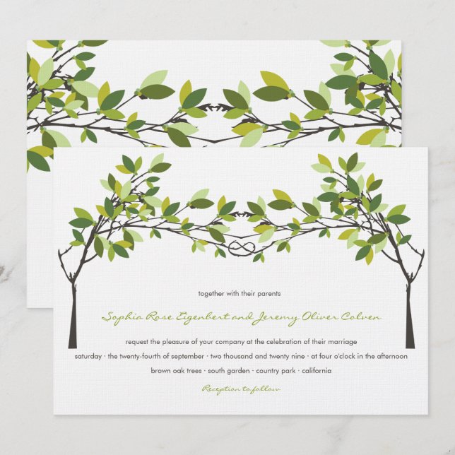 Invitación Boda de verano de hojas verdes anudadas de árboles (Anverso / Reverso)