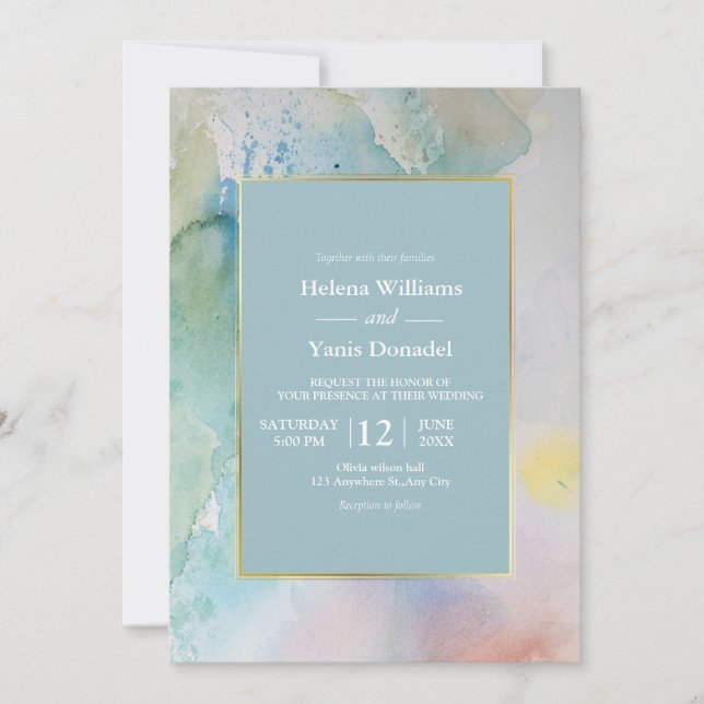 Invitación Boda de verano de la acuarela azul Pastel de presu (Anverso)