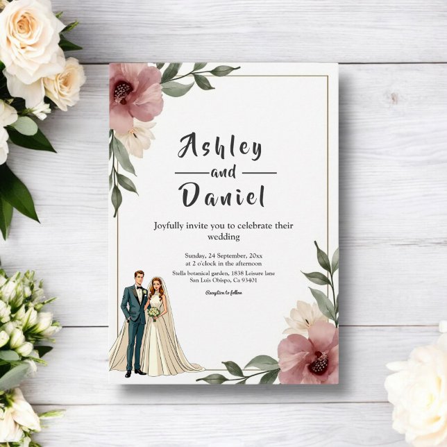 Invitación Boda de verano de la pareja floral de acuarela rus (Subido por el creador)