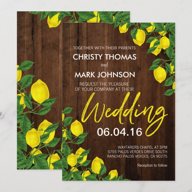 Invitación Boda de verano de Lemon Rustic Wood (Anverso / Reverso)