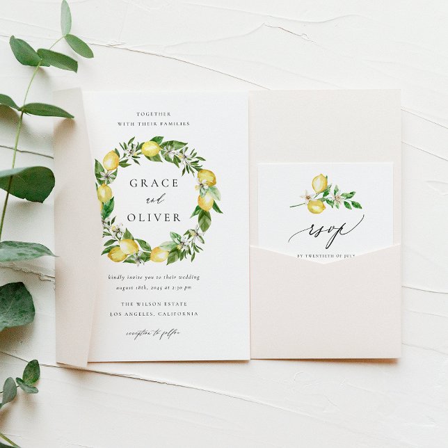 Invitación Boda de verano de limón botánico y vegetación (Customizable Wedding Invitation with Watercolor Lemons, Blossoms & Greenery | Lemon Theme Wedding )