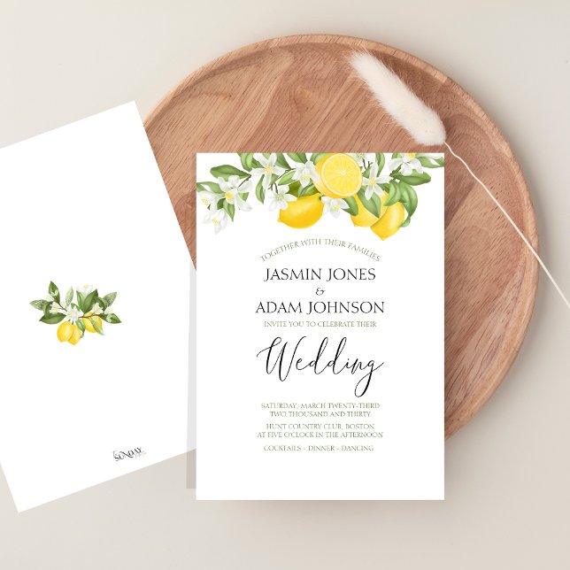 Invitación Boda de verano de limón y vegetación mínimo (Citrus Lemons and Greenery Summer Fruits Wedding Invitation)