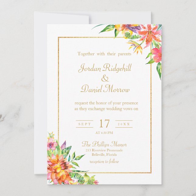 Invitación Boda de verano de Moda de acuarela tropical floral (Anverso)
