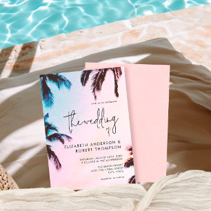 Invitación Boda de verano de palmeras rosadas retro tropical