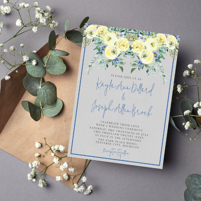Invitación Boda de verano de primavera amarilla azul amor flo (Subido por el creador)