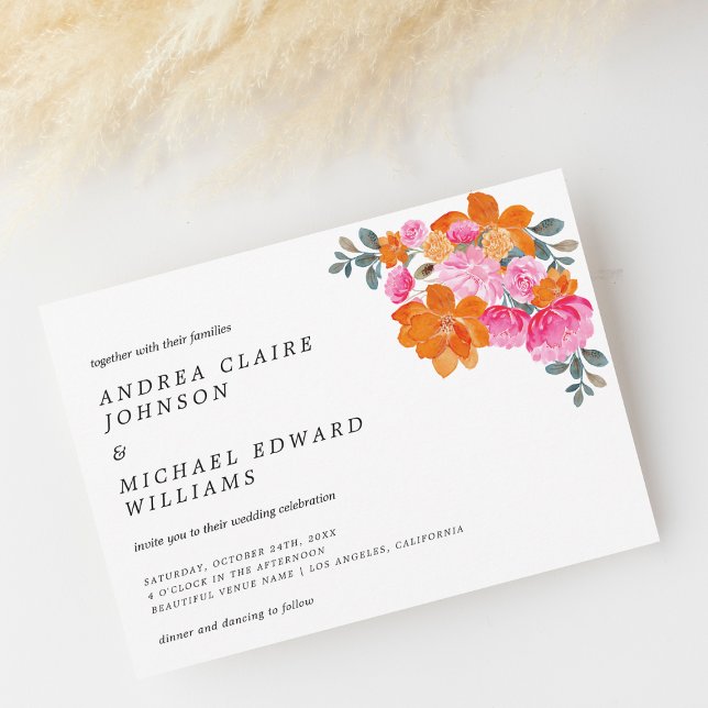 Invitación Boda de verano de primavera floral rosa y Naranja  (Subido por el creador)