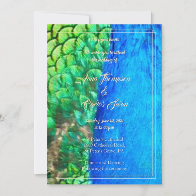 Invitación Boda de verano de textura de piel verde azul pavo  (Anverso)