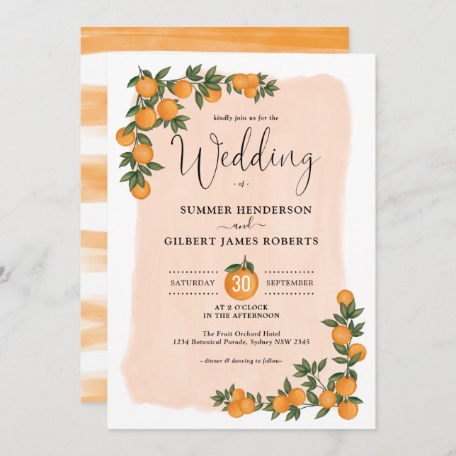 Invitación Boda de verano del Citrus Botánico Naranja Verde (Anverso / Reverso)