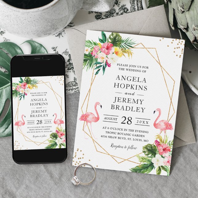 Invitación Boda de verano del marco dorado tropical floral fl (Subido por el creador)