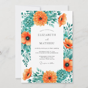 Invitación Boda de verano efervescente en naranja y azul turq