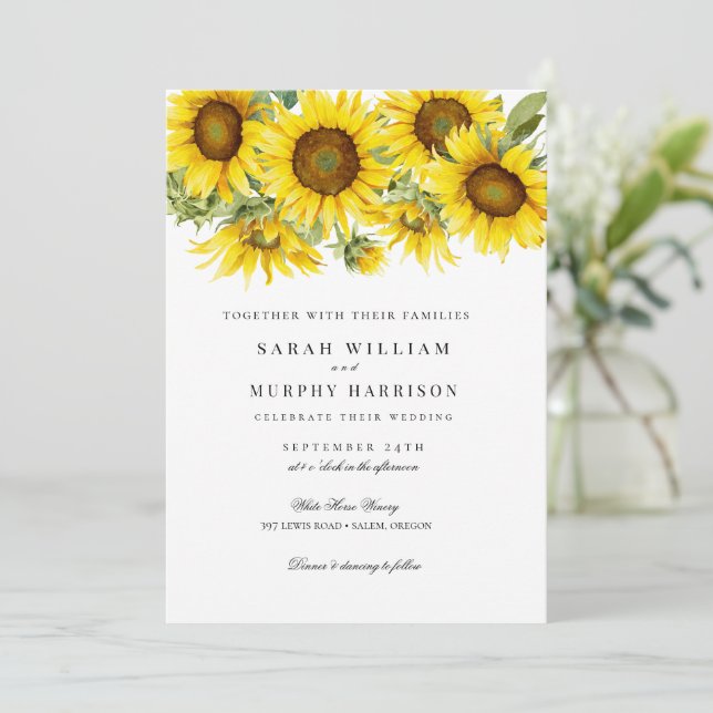 Invitación Boda de verano elegante con girasoles (Anverso de pie)