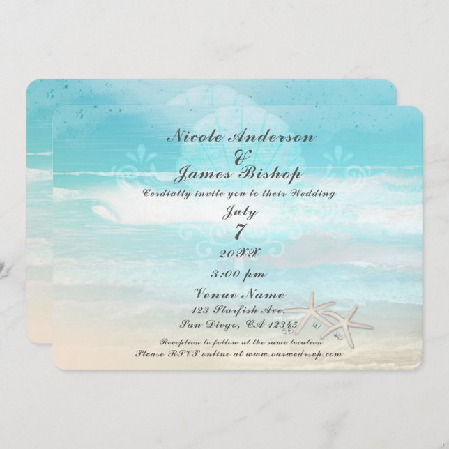 Invitación Boda de verano elegante del Starfish Blanco de la  (Anverso / Reverso)