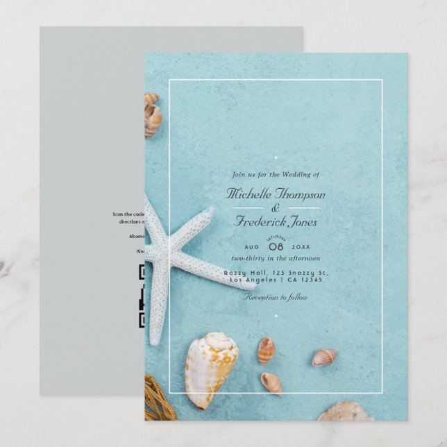 Invitación Boda de verano en la playa con código QR de confir (Anverso / Reverso)