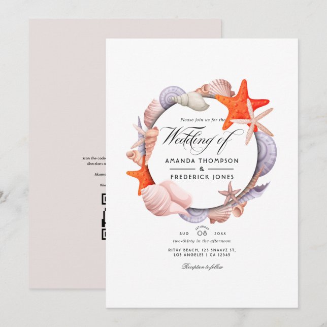 Invitación Boda de verano en la playa con código QR para RSVP (Anverso / Reverso)