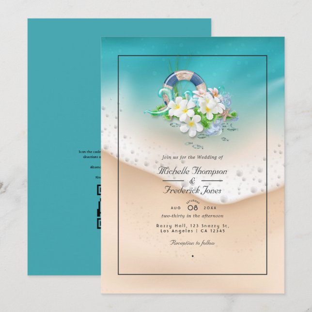 Invitación Boda de verano en la playa con código QR RSVP (Anverso / Reverso)