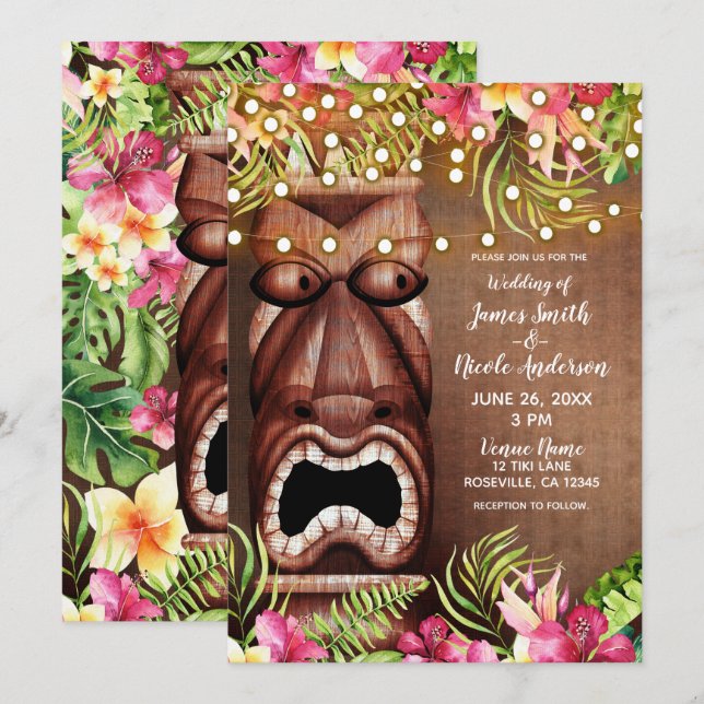 Invitación Boda de verano en la playa con Tiki hawaiano de ma (Anverso / Reverso)