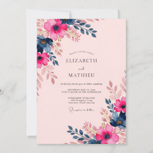 Invitación Boda de verano encantadora en azul marino y fucsia