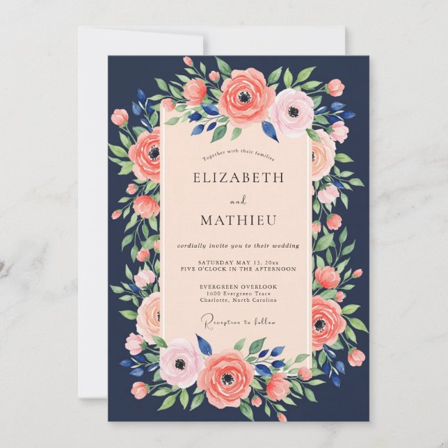 Invitación Boda de verano exuberante de azul marino (Anverso)