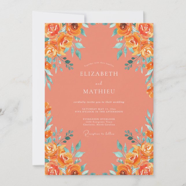 Invitación Boda de verano exuberante de coral (Anverso)