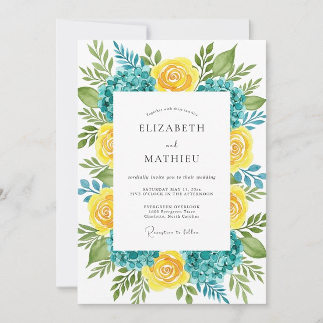 Invitación Boda de verano exuberante en amarillo y turquesa (Anverso)