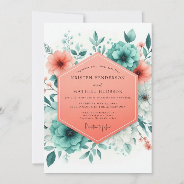 Invitación Boda de Verano Flor de Coral Teal (Anverso)