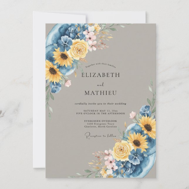 Invitación Boda de verano floral azul profundo (Anverso)