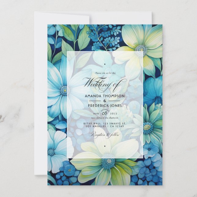 Invitación Boda de verano floral azul y verde (Anverso)
