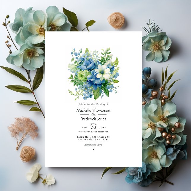 Invitación Boda de verano floral azul y verde (Subido por el creador)